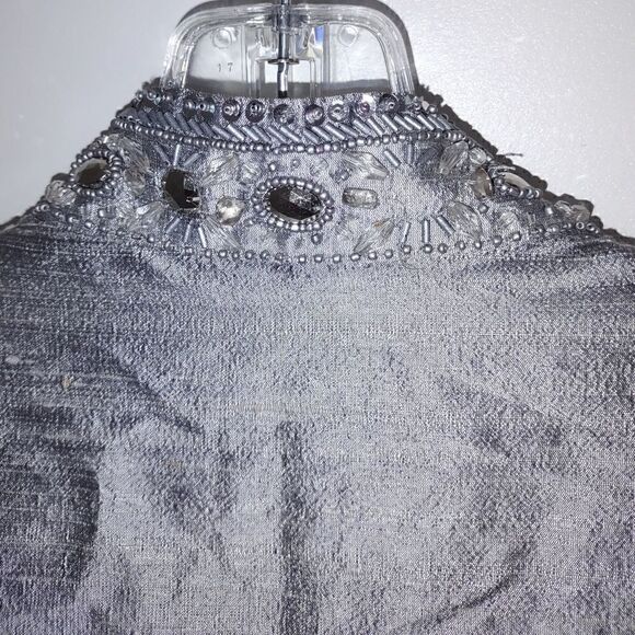 Vintage Neiman Marcus Silver Top Pullover V Neck Silk LS Beaded M - Picture 6 of 10